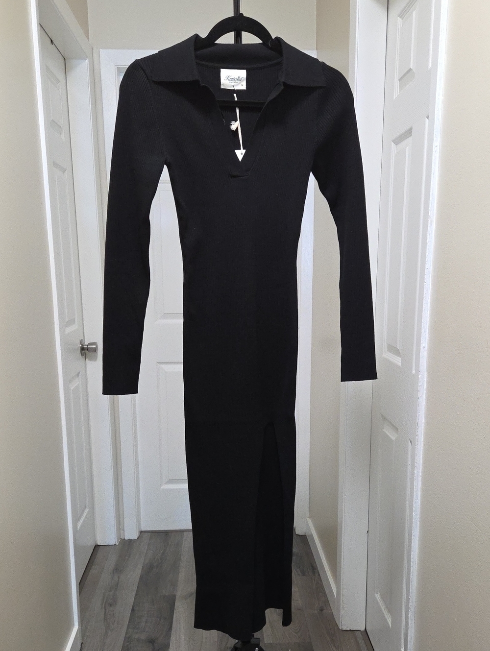 NWT Kuwalla Black Ribbed Collared Midi Dress Long Sleeve Stretch Viscose Blend - Picture 5 of 12